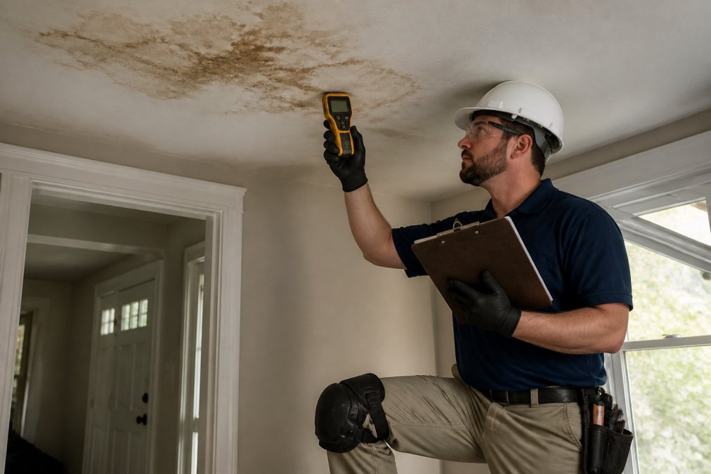 A restoration technician in safety gear and knee pads examining water damage on a residential ceiling with a moisture meter, clipboard in hand, inside a home with visible water staining