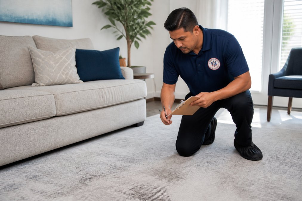 A professional cleaner in uniform inspecting a carpet with a clipboard, showing a certification badge on the shirt, in a bright living room with natural light