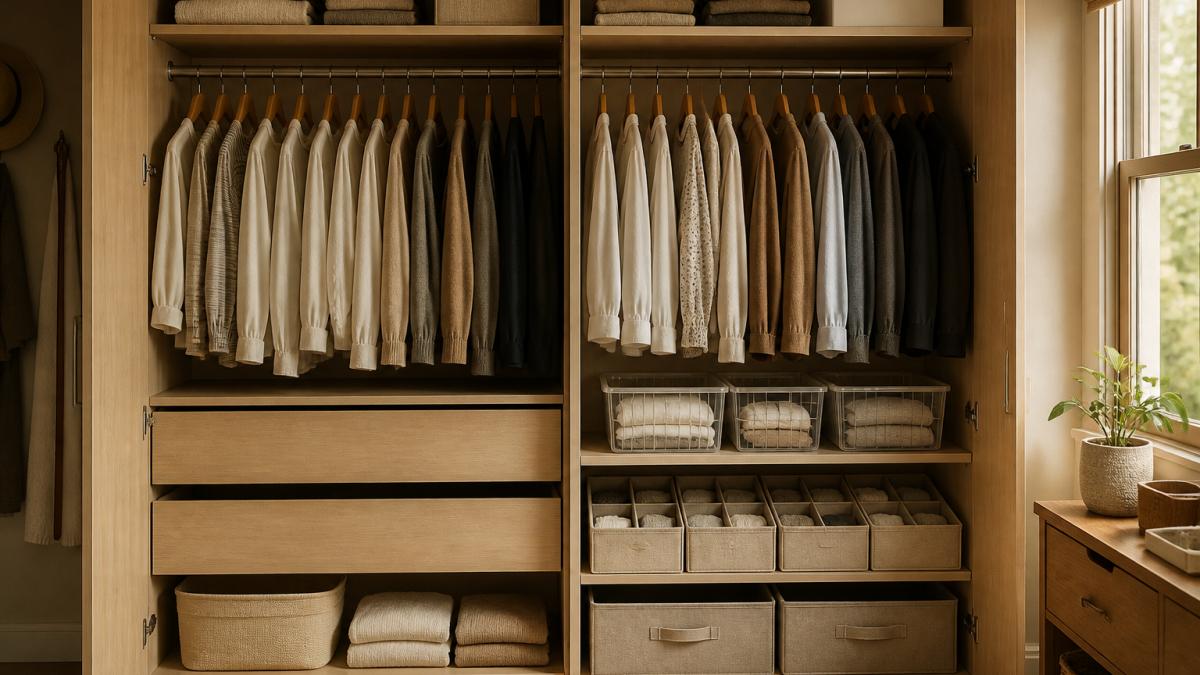 Modern bedroom closet with organized hanging rods, folded clothes on shelves, fabric drawer organizers with compartments, and clear storage baskets arranged neatly with natural light streaming through window