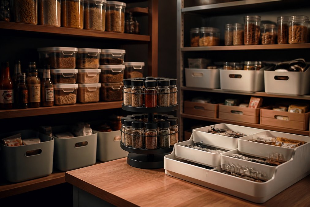 Well-organized kitchen pantry with clear labeled containers, rotating spice rack with visible jars on multiple tiers, stacked drawer dividers organizing small items, and color-coordinated bins on shelves, demonstrating how storage products transform a cluttered space into an efficient system