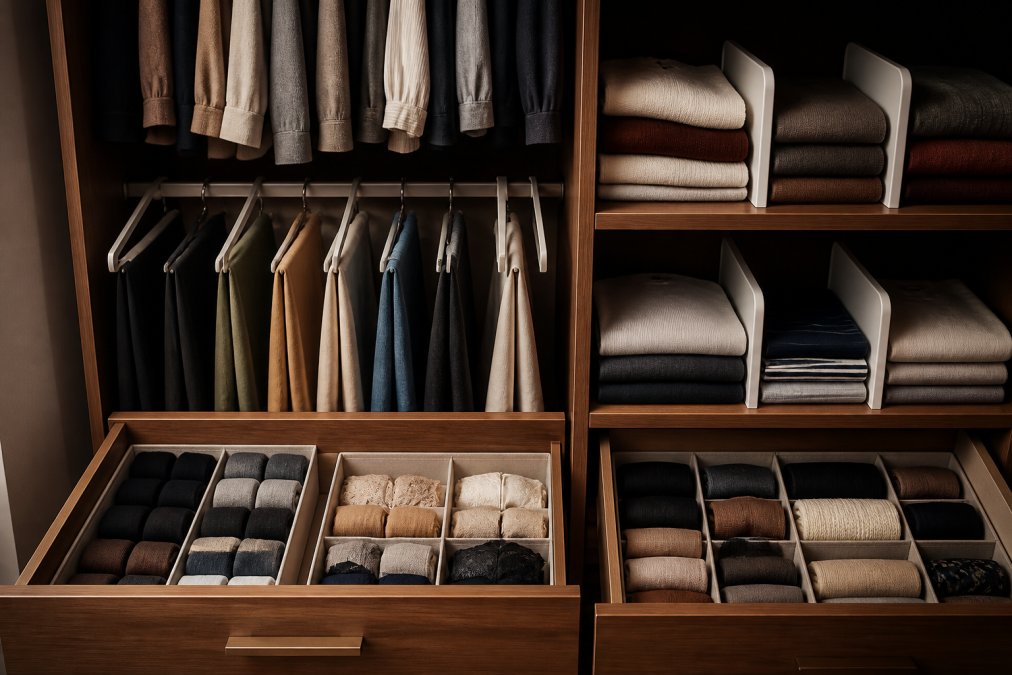 Neatly organized closet with color-coordinated clothing hanging on space-saving hangers holding multiple pairs of pants, fabric drawer dividers organizing socks and undergarments in open drawers, and shelf dividers separating folded items, demonstrating practical wardrobe storage
