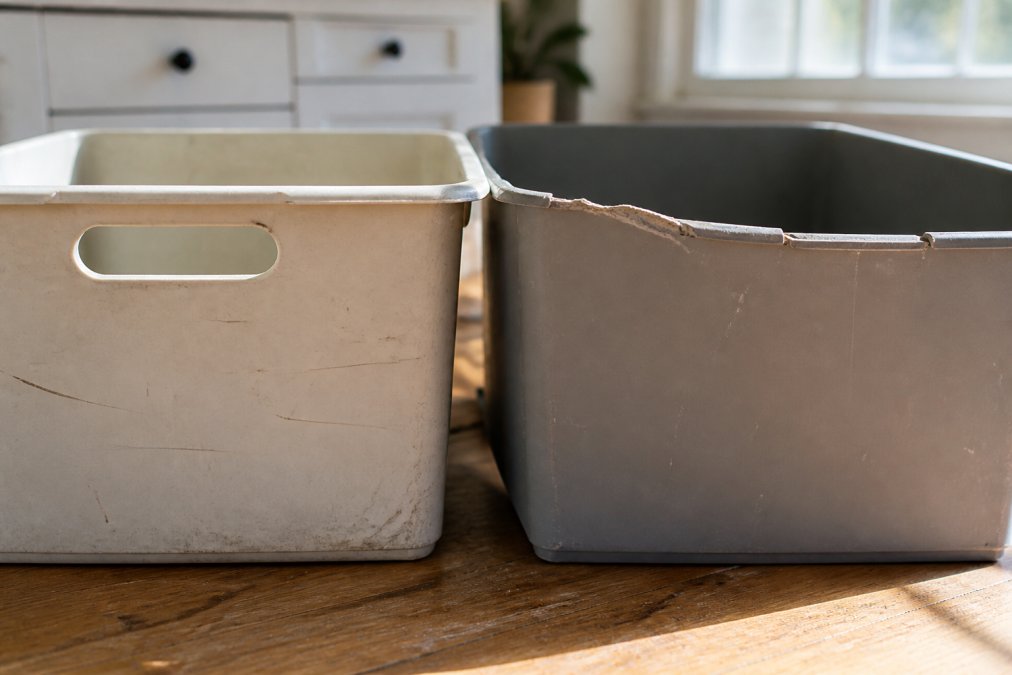 Close-up of worn storage bins showing visible scratches, faded colors, and cracked plastic edges after 12 months of daily use in a bright kitchen with natural sunlight streaming through windows