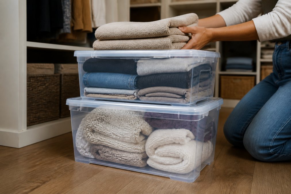 Hands carefully stacking heavy items into clear plastic storage containers, demonstrating weight distribution and structural stability in a well-lit home closet with wooden shelving