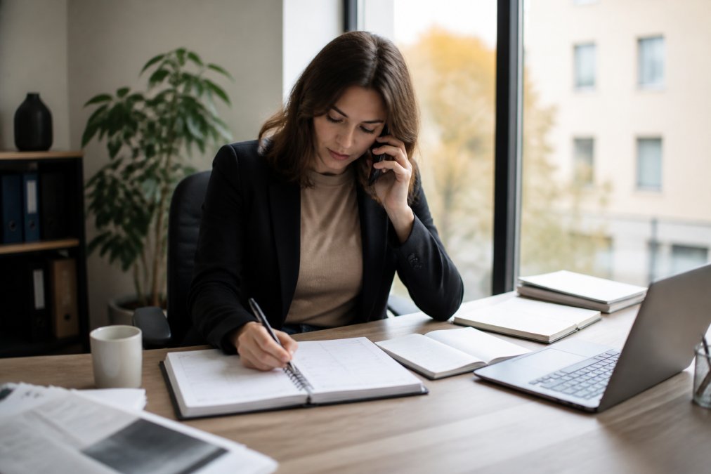 En eventkoordinator ved et skrivebord, der taler i telefon og tjekker en kalender, med notater og en laptop synlig