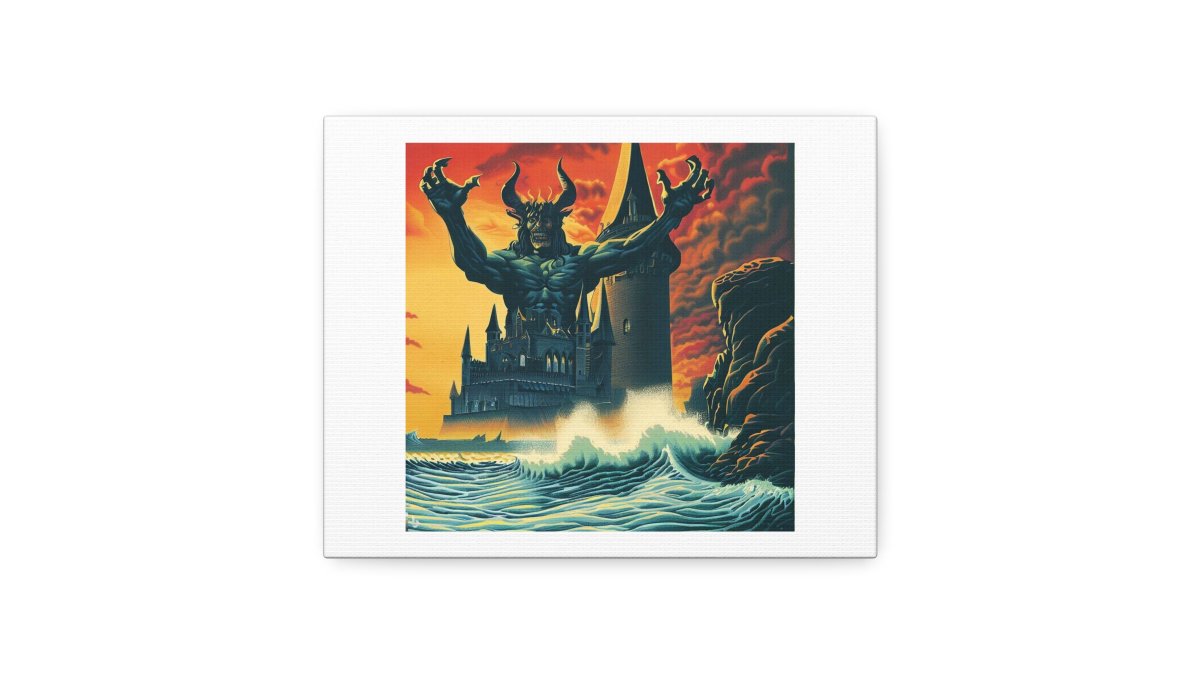 Illustration In The Style Of Dio's Holy Diver Album Cover Gothic Castle On the Beach With Crashing Ocean Waves 'Designed by AI' Print on Canvas
