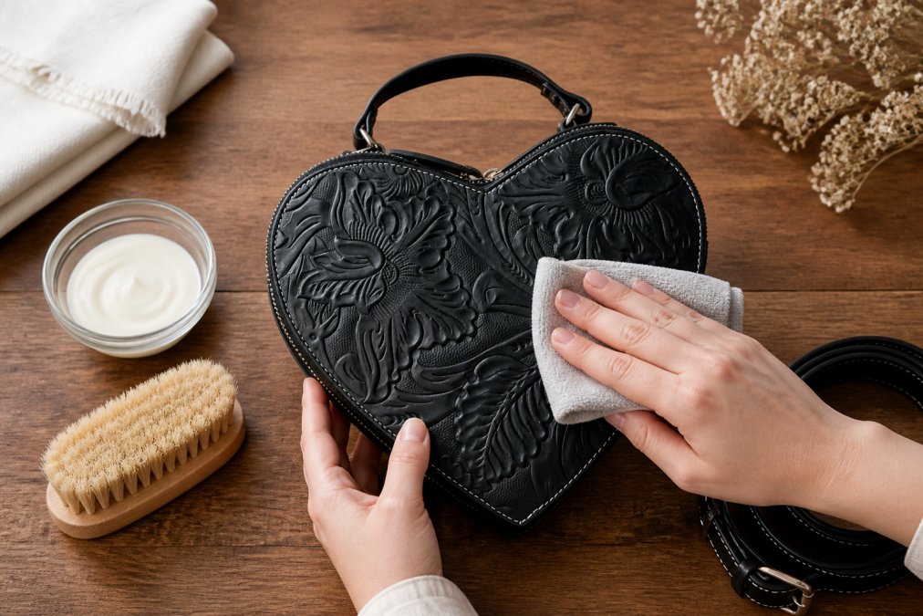 Flat lay of a hand-tooled leather bag positioned on a wooden surface with soft natural light, gently being cleaned with a soft microfiber cloth, accompanied by a small glass bowl of leather conditioner and natural materials like a soft brush nearby