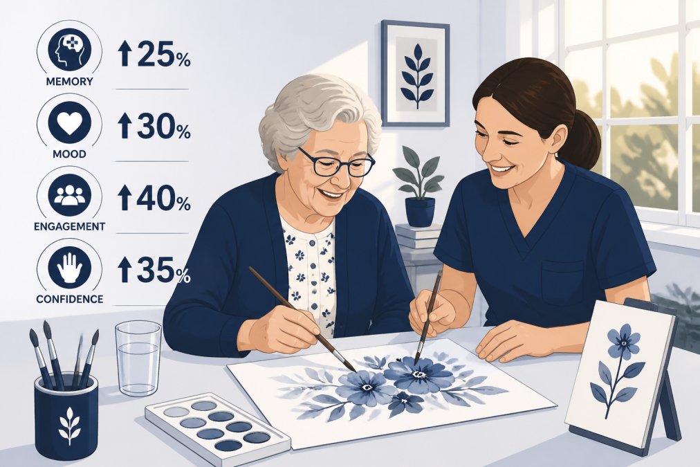 Older adult and caregiver seated at a table with art supplies, watercolors, and paper, both smiling while engaged in a painting activity together in a bright, naturally-lit room with warm afternoon sunlight