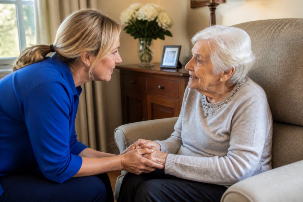 Caregiver seated close to an older resident in a comfortable chair, leaning forward with attentive posture and warm expression, holding the resident's hand while listening intently in a calm, well-lit living space