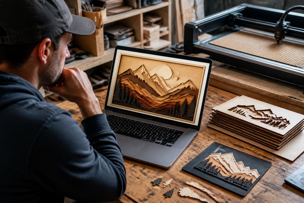 Maker reviewing a layered wood art design on a laptop as an imag-r alternative for layered art projects