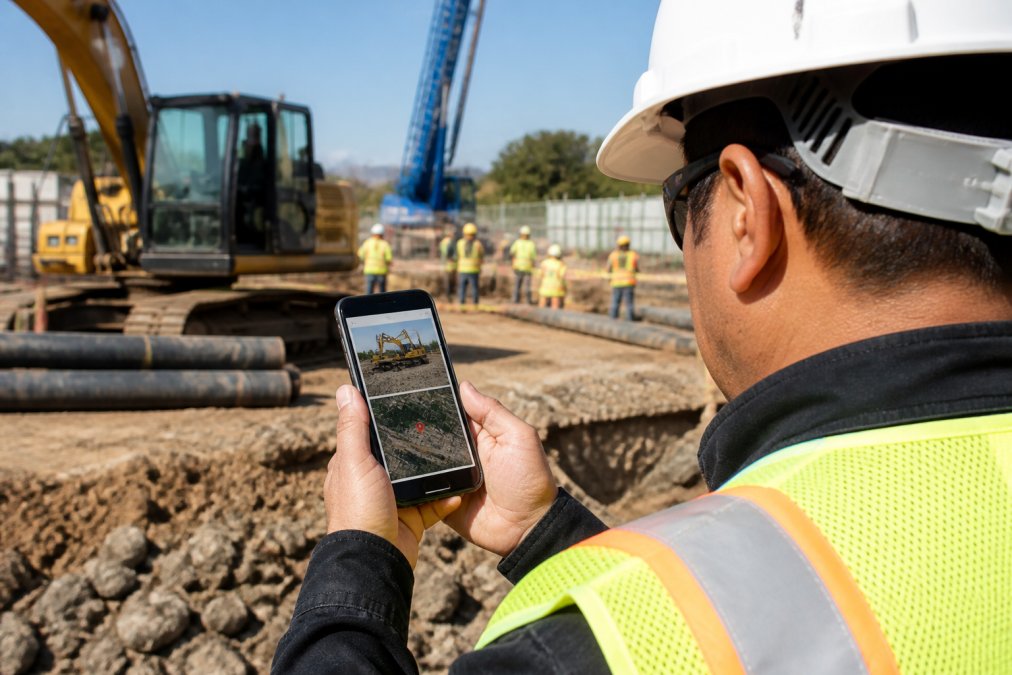 Field inspector holding an Android smartphone on a construction site, reviewing geotagged photos with location markers visible on the screen, site equipment and workers visible in the background, natural daylight