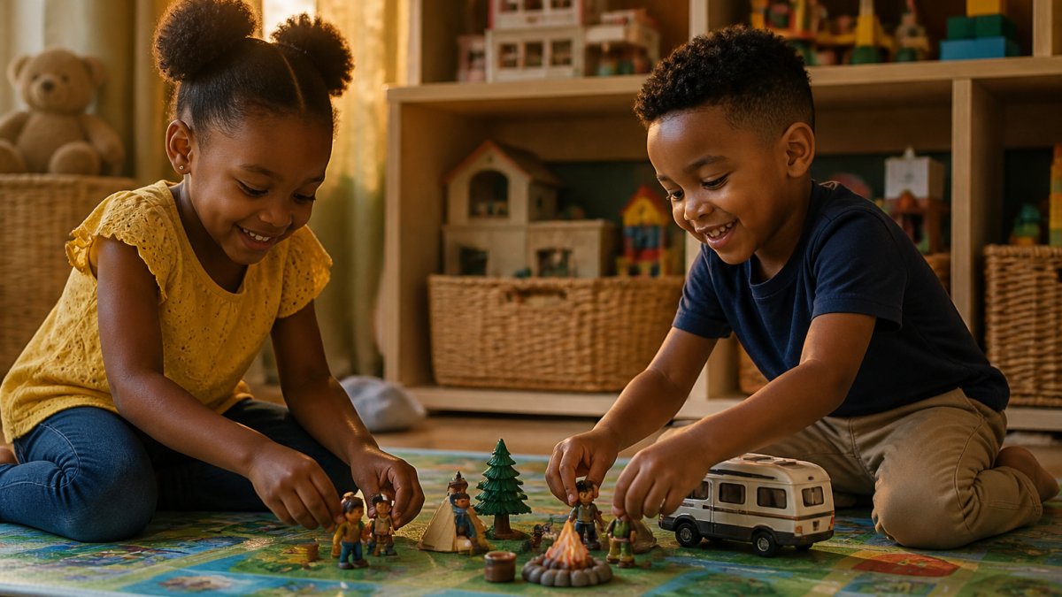 Two children smiling while developing imaginative play social skills with toy figures on a colorful mat