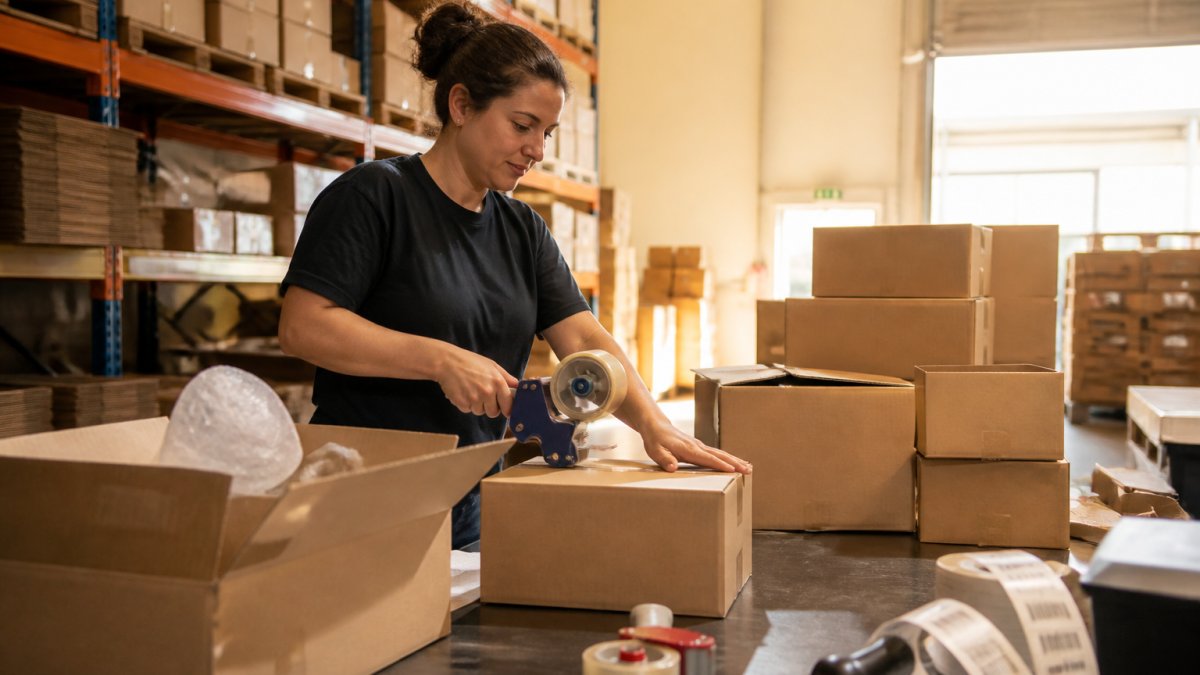Operatori in magazzino che preparano e confezionano ordini per la spedizione, con scatole, materiali di imballaggio e etichette di tracciamento visibili, illuminati da luci industriali moderne
