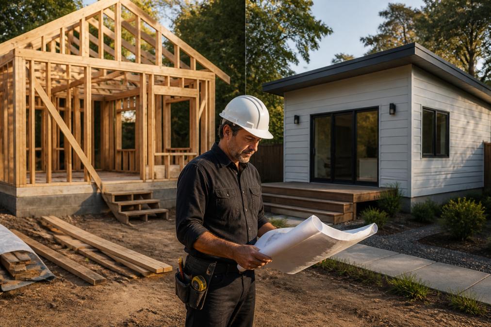 Split-screen style photo showing a modern backyard ADU under construction with exposed framing on one side and a completed prefab ADU with siding on the other, a contractor in a hard hat reviewing rolled plans in the foreground, warm afternoon light