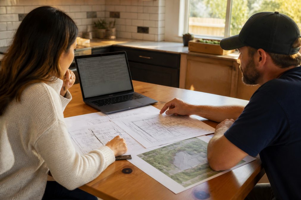 Homeowner and ADU builder reviewing floor plans and comparison data at a kitchen table