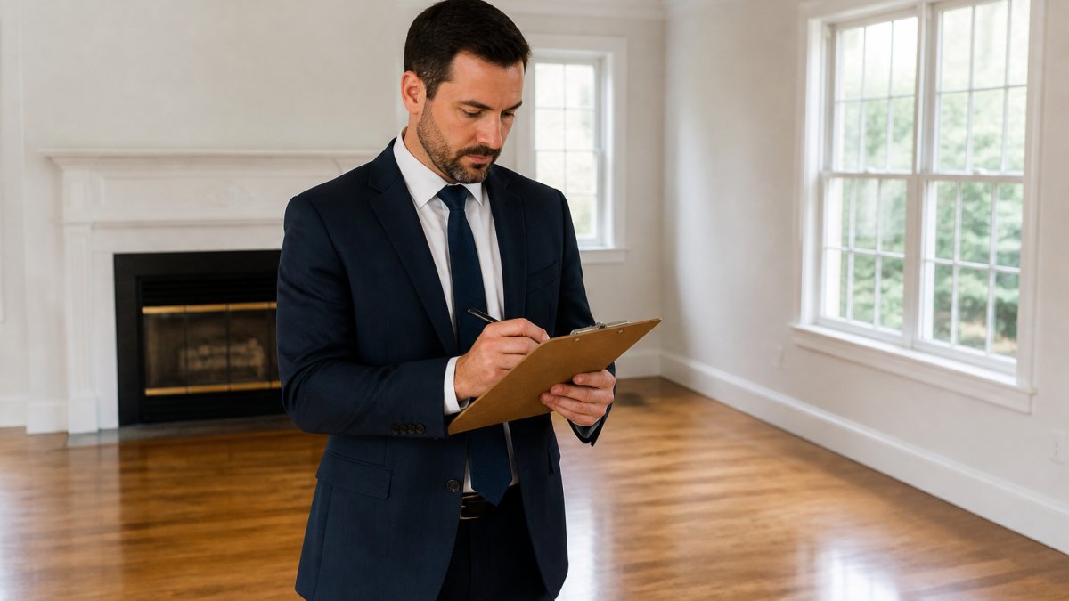Professional executor holding a detailed clipboard with a probate property cleanout checklist, standing in an empty residential room with freshly cleaned hardwood floors and bright white walls after clearout completion