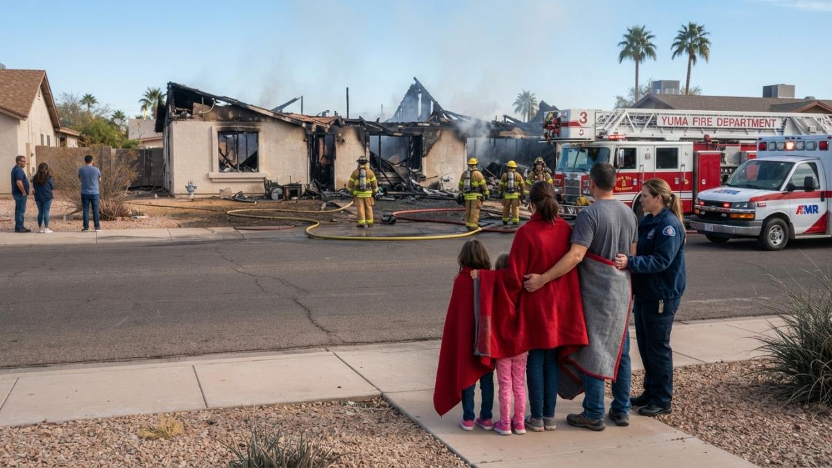 Family wrapped in blankets watching firefighters as part of the steps after house fire process.