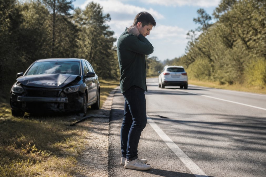 A driver standing safely on the roadside away from their damaged vehicle, checking for visible injuries while another vehicle is visible in the background on a clear day