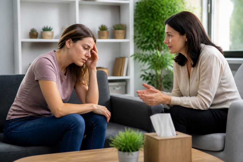 A person speaking with a counsellor in a calm, supportive office environment with soft natural lighting and comfortable seating