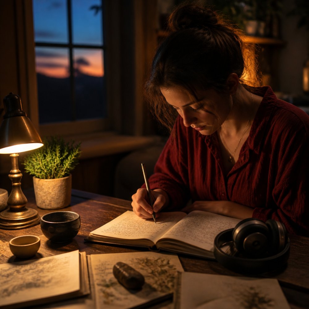 A writer's desk at dusk with a notebook and lamp, capturing the quiet sensory atmosphere of fantasy world building.