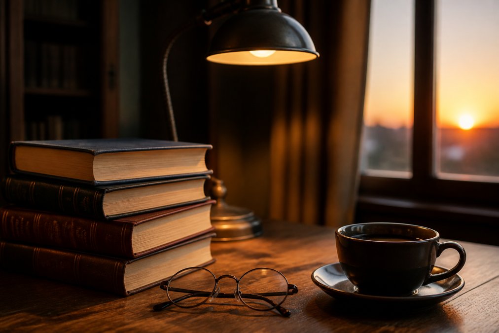 Hardcover books for immersive historical fiction on a desk with a warm reading lamp and coffee.