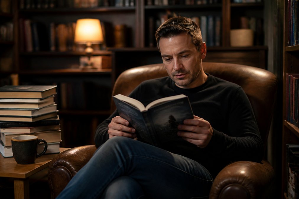 Reader absorbed in a science fiction novel, sitting in a comfortable reading chair with warm lamp lighting, surrounded by stacked books and a cup of coffee on a side table