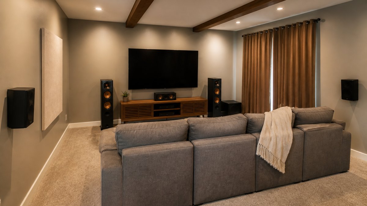 A rectangular living room with a large flat-screen TV mounted on the front wall, a center channel speaker on a media console, floor-standing left and right speakers, and two surround speakers mounted on the side walls behind a plush sofa facing the screen, soft carpet, heavy drapes, and warm lighting