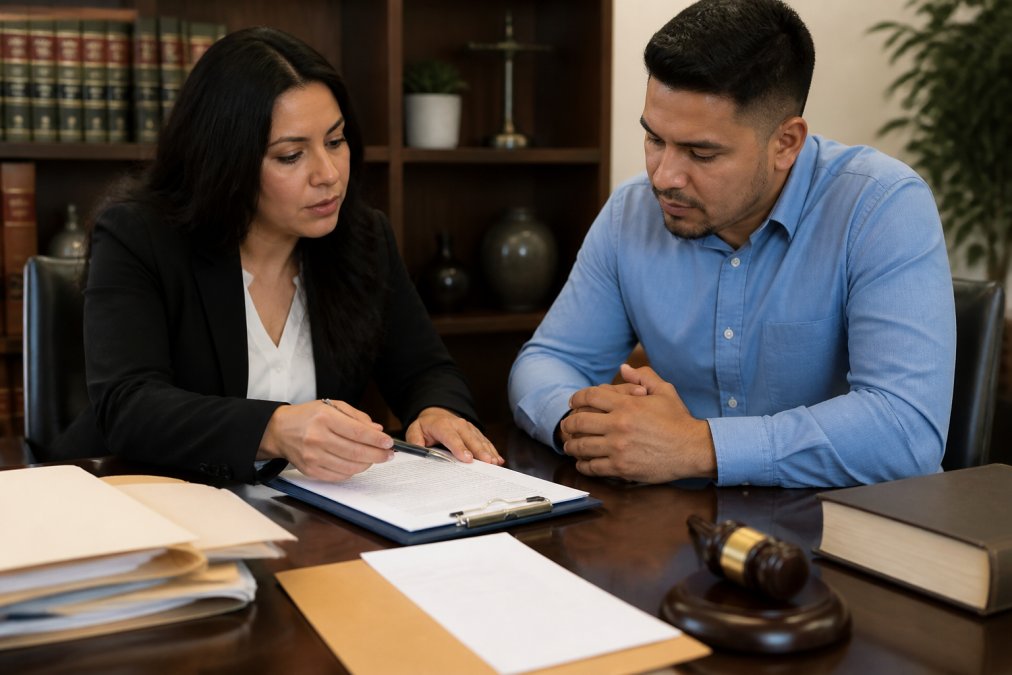 Professional immigration attorney meeting with client at office desk, reviewing documents and legal paperwork together under warm office lighting