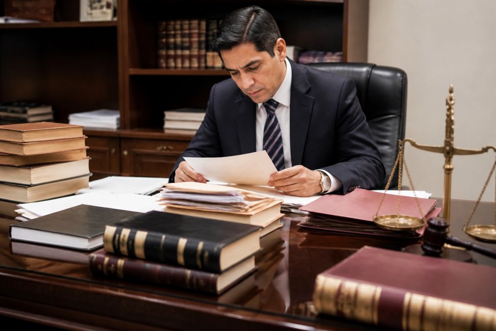 Legal professional reviewing case files and criminal law documents at a desk, surrounded by law books and legal materials, focused work environment