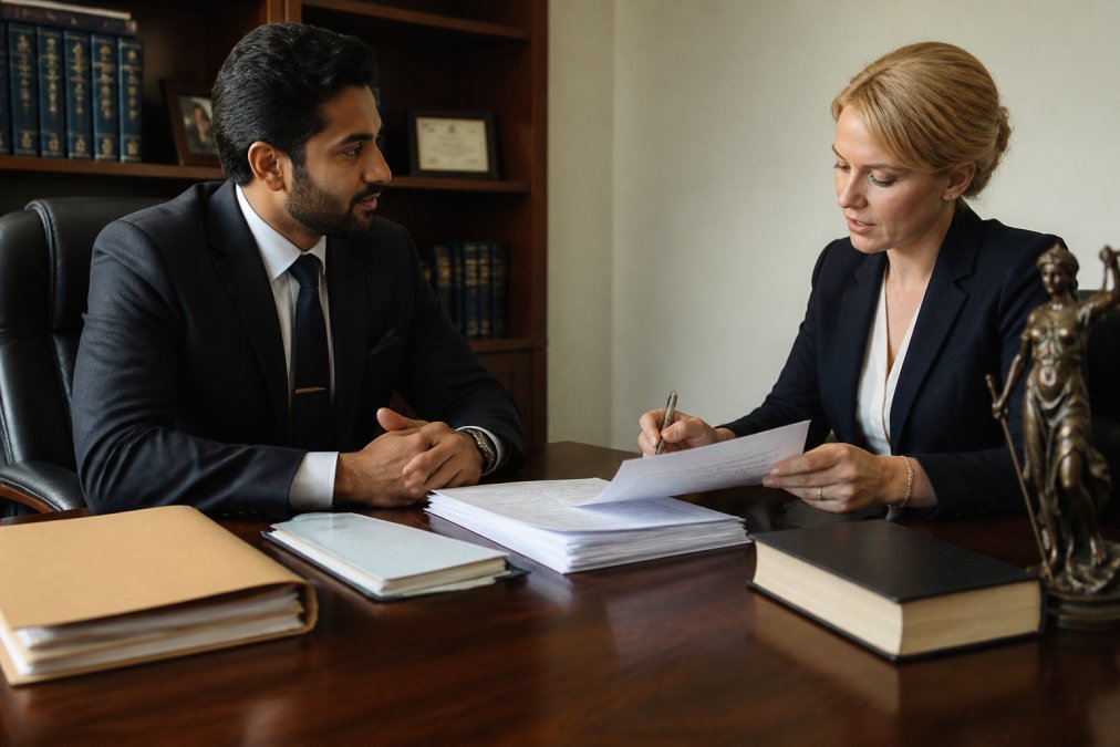 Business professional in tailored suit meeting with immigration attorney across polished wooden desk in modern law office, reviewing stacked work visa petition documents and employment forms under warm office lighting