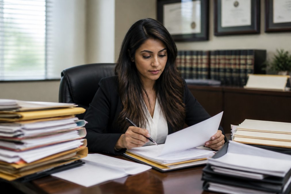 Immigration attorney in professional attire seated at organized desk with stacked case files, legal documents, and computer monitor displaying visa application forms and USCIS petition pages in well-lit law office
