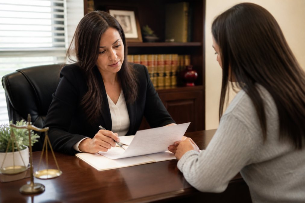 Immigration attorney meeting with client in professional office setting, reviewing documents together at desk with warm lighting and reassuring atmosphere