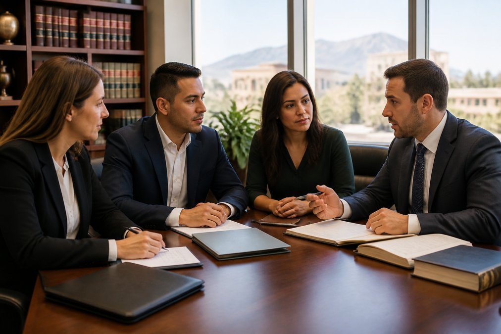 Diverse group of professionals in business attire discussing in modern law office with natural lighting, representing professional consultation and teamwork