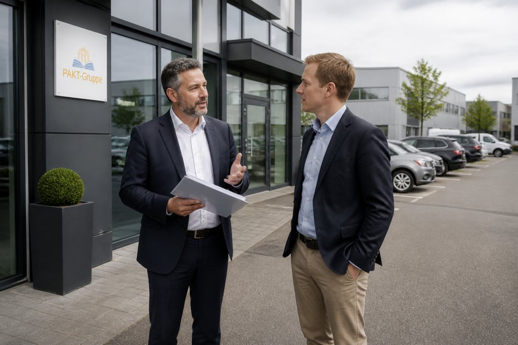 Ein Immobilienmakler und ein Unternehmer im Gespräch vor einem modernen Gewerbegebäude mit großen Glasflächen, im Hintergrund gepflegte Parkplätze und ein Gewerbegebiet