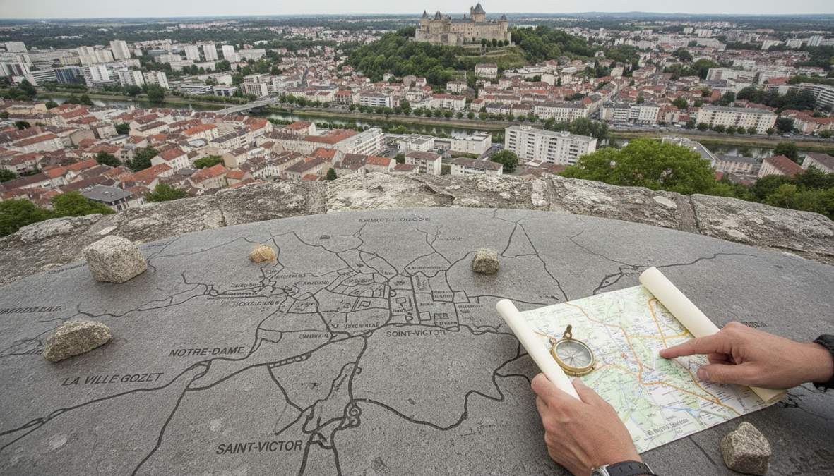 Vue aérienne d'un quartier résidentiel de Montluçon avec immeubles collectifs, petites maisons individuelles et espaces verts sous un ciel dégagé