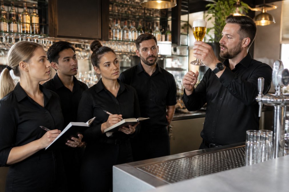 A hospitality manager demonstrating proper pour line technique to a group of bar staff during a training session in a professional venue, with staff members observing and taking notes, natural lighting from overhead fixtures
