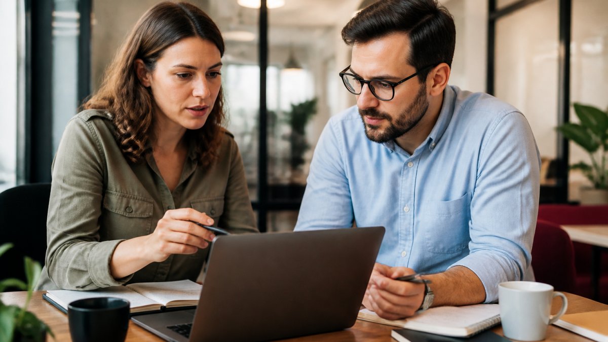 Sales team members reviewing customer records on laptop screen together in modern office setting with notebooks and coffee, pointing at data entries