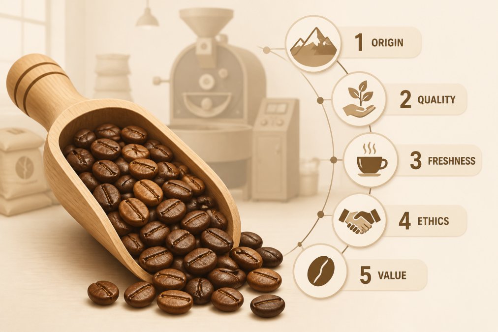 Close-up of freshly roasted artisan coffee beans in a wooden scoop showing rich brown color variation and glossy surface, with a professional coffee roastery environment softly blurred in the background