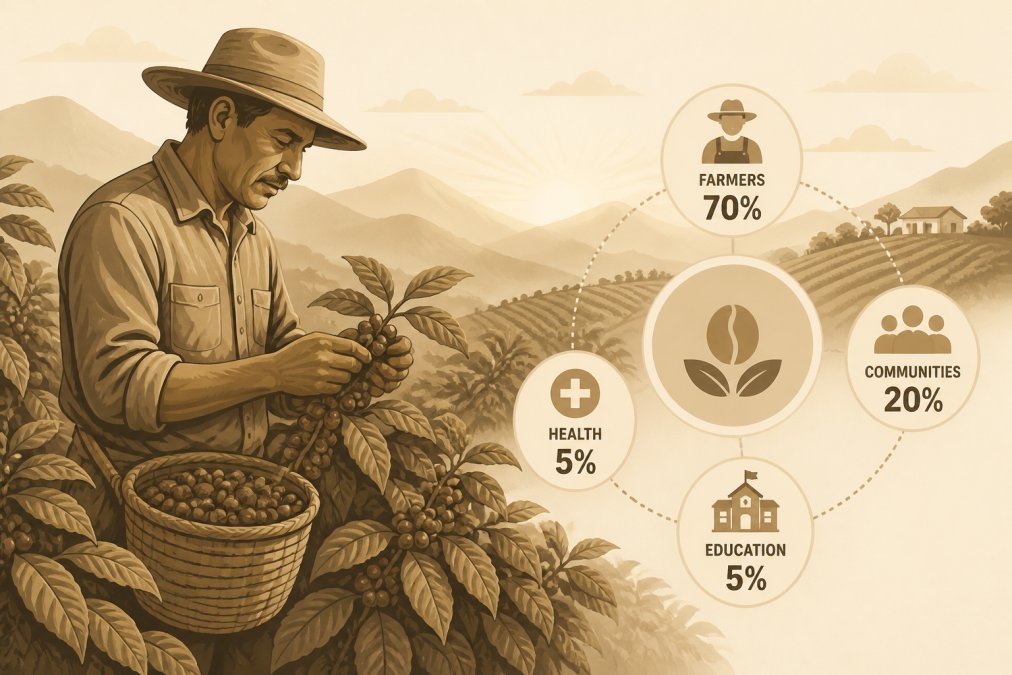 Coffee farmer in weathered work clothes inspecting coffee plants in a lush mountainous farm setting during morning light, showing the care and labor behind single-origin bean cultivation
