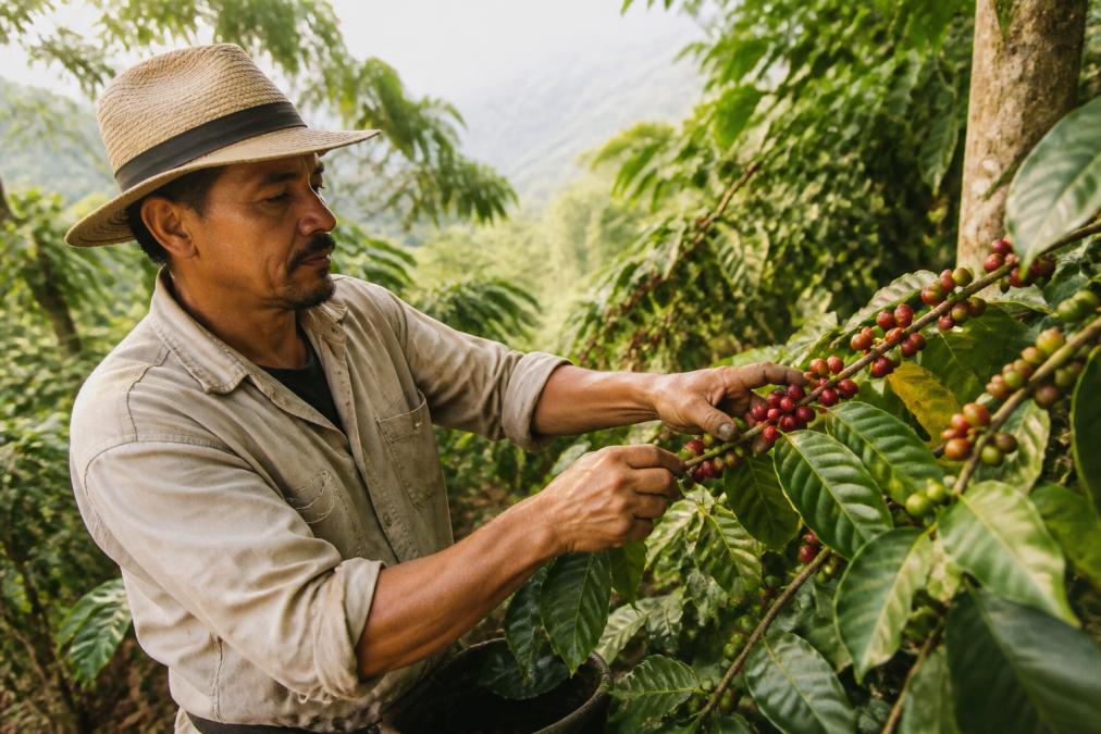 Coffee farmer in lush tropical plantation inspecting ripe red coffee cherries on plant branches, morning sunlight filtering through dense canopy, hands gently examining the fruit
