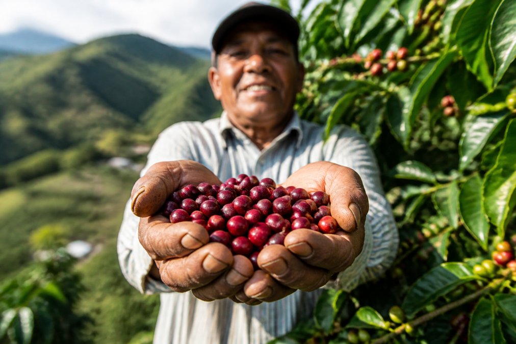 A close-up of a coffee farmer's hands holding freshly picked red coffee cherries in a lush, sunlit field, with green mountains in the background