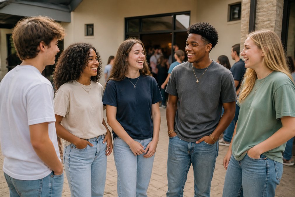 A diverse group of teenagers wearing faith-based graphic t-shirts, smiling and talking together in a casual outdoor setting like a church courtyard