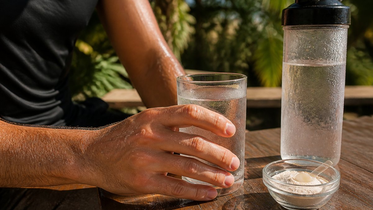 Close-up of a person's forearm and hand holding a glass of water with visible condensation, a sweaty water bottle and a small bowl of electrolyte powder on a sunlit outdoor table