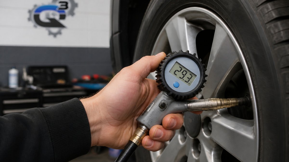 Close-up of a hand holding a tire pressure gauge firmly pressed against a vehicle tire's valve stem, with the digital gauge display clearly visible showing the pressure reading
