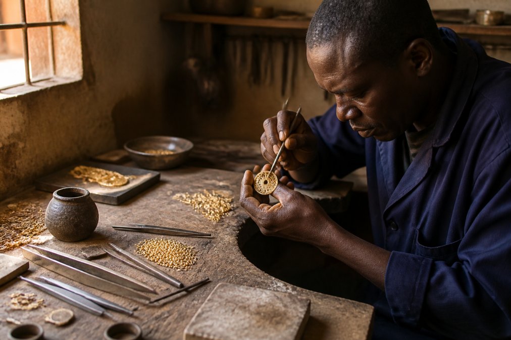 Artisan hands carefully shaping a gold pendant at a workbench with hand tools and small beads, warm natural light highlighting the craftsmanship