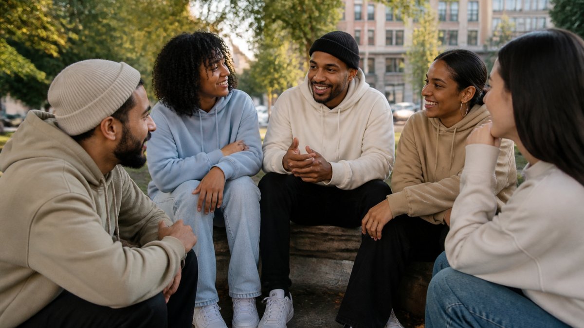 Diverse group of young adults wearing faith-inspired streetwear gathered in casual outdoor setting, smiling and engaged in conversation, natural afternoon lighting