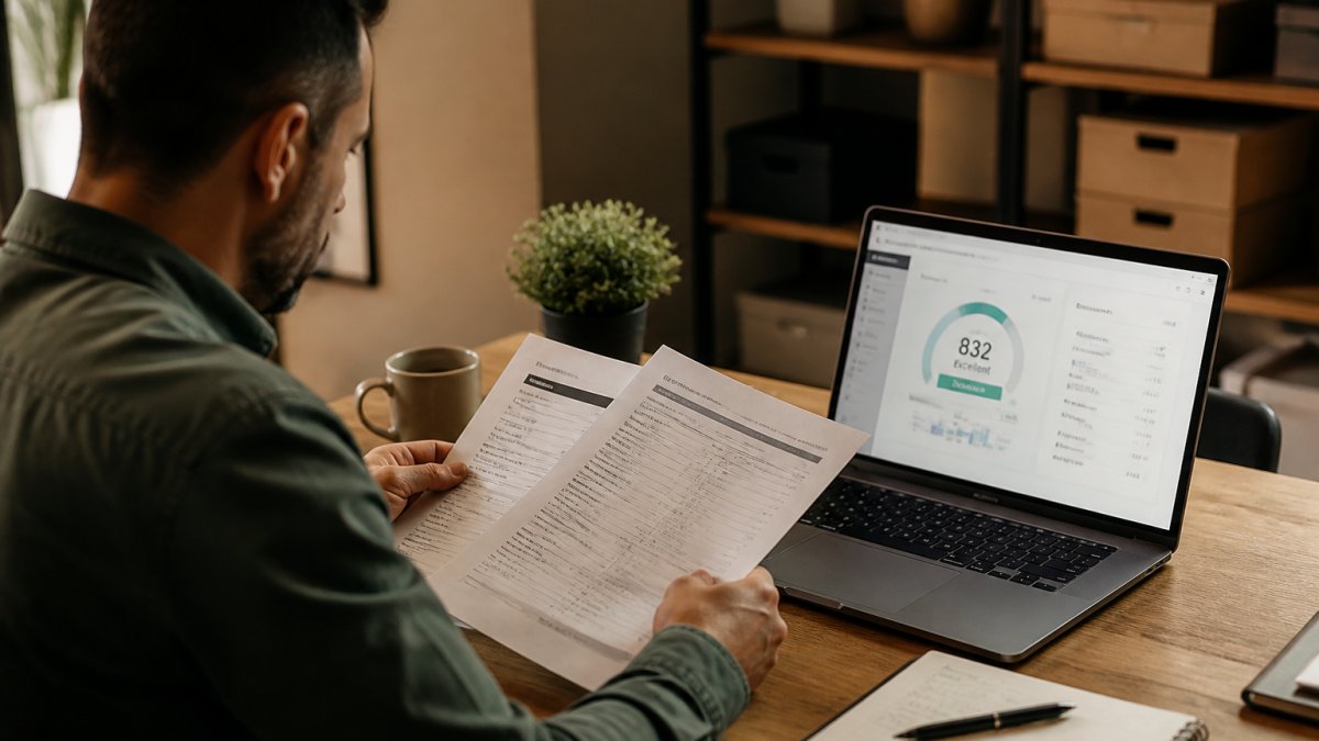 A small business owner reviewing credit report documents at a desk with a laptop showing a credit dashboard, warm office lighting