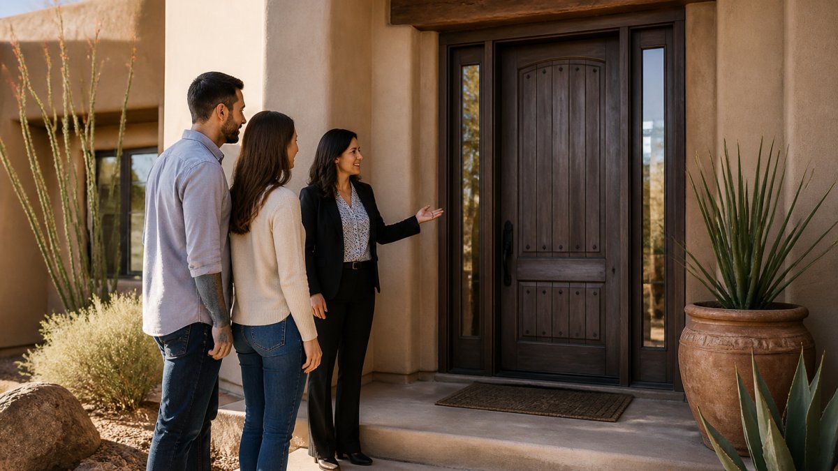 Real estate agent showing high quality doors to a couple at the entrance of a Southwestern-style home