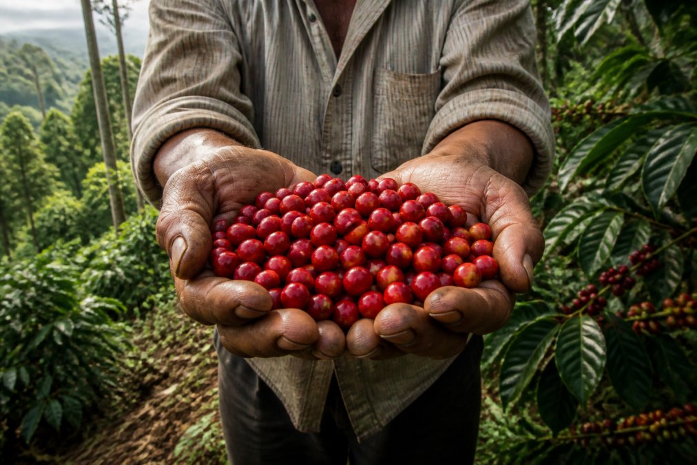 Close-up of a farmer's weathered hands cupping a generous pile of bright red coffee cherries on a small hillside farm, with dense shade trees and a green forest canopy visible in the soft background light