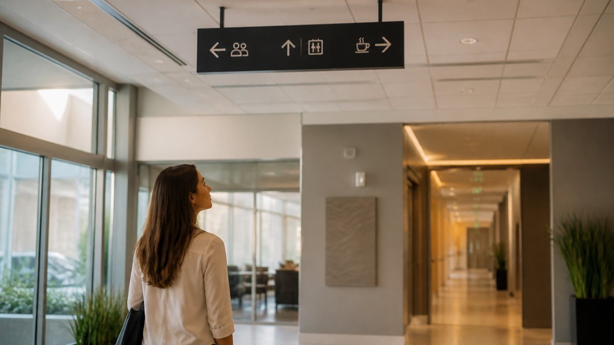An employee pausing at a modern office corridor intersection, looking up at a clean overhead directional sign with arrows pointing to different departments, natural light from nearby windows