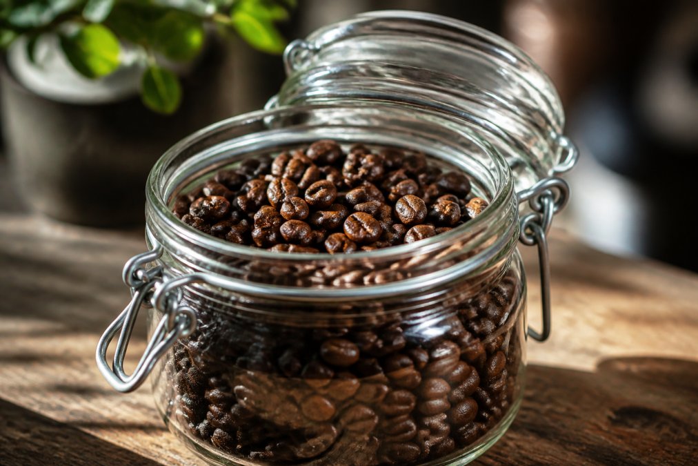 A close-up of freshly roasted coffee beans in a glass jar with the lid slightly ajar, soft natural light highlighting the beans' surface oils